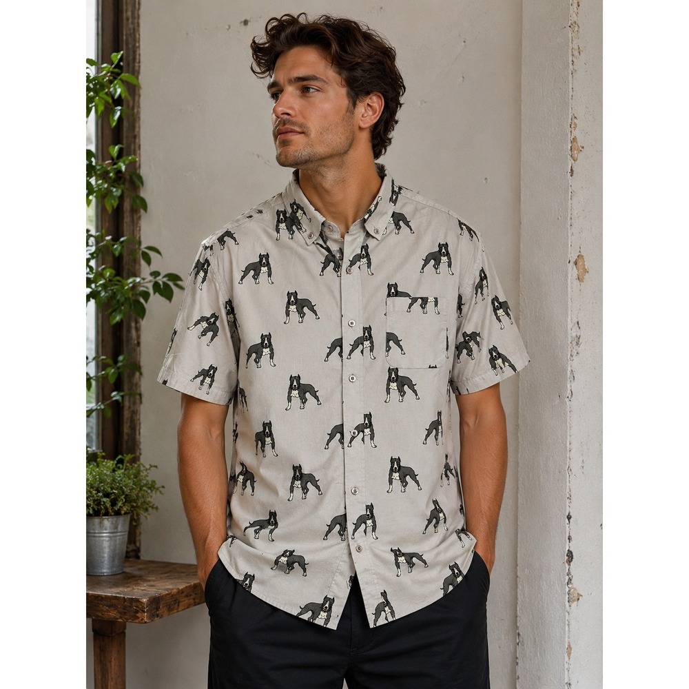 Alpha Beta Mens XL Gray Pitbull Dog Print Short Sleeve Button Down Shirt Cotton
